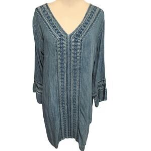 Raya Sun Embroidered Beachy Tunic Top Womens Small/Medium Chambray Blue Boho
